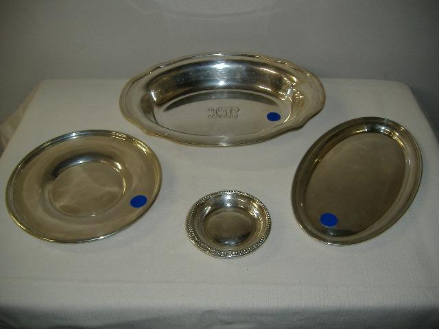 Picture 045.jpg - 6pc. Sterling Silver - 1 Hardy & Hayes Plate, 2 Sterling Silver astrays (damaged), 1 Gorham platter, 2 Gorham Serving Bowls